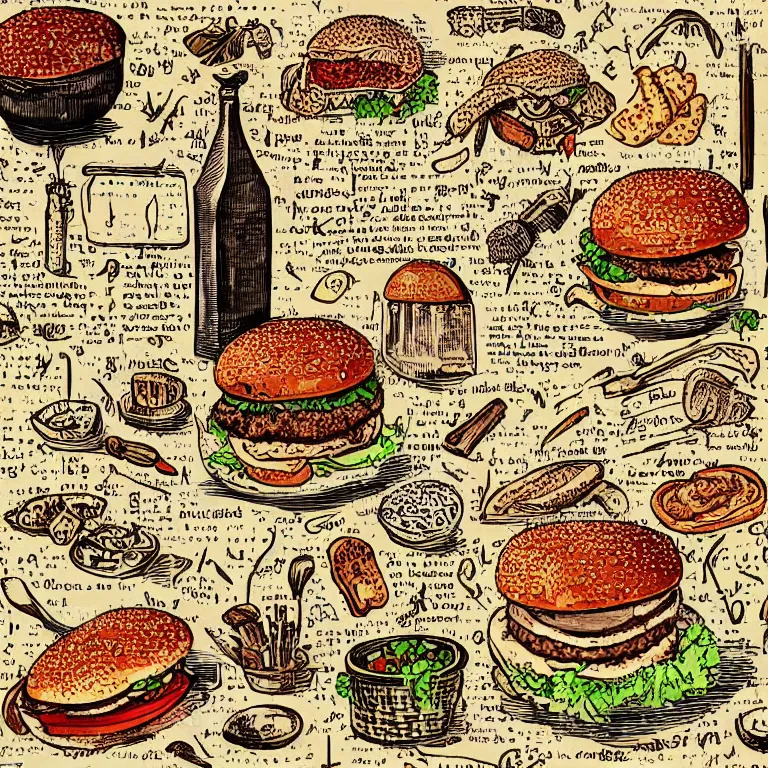 Image similar to middle age illustrated recipe for hamburger ( ( ( ( a bigmac hamburger ) ) ) ) lot of medieval enluminures in the background, explaining the recipe, schematic in a notebook