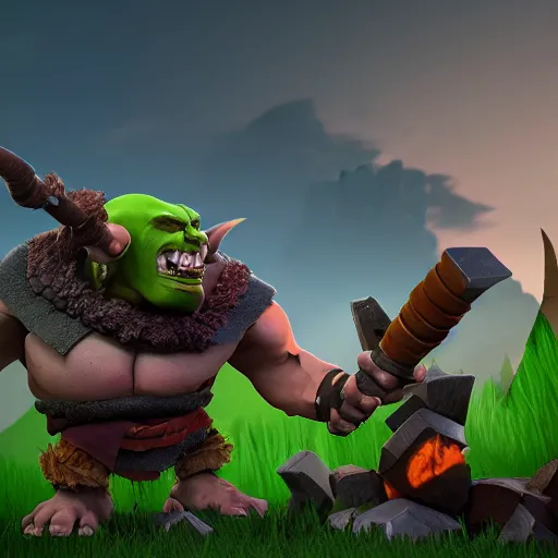 Prompt: barbarian goblin hybrid clash of clans, clash royale, concept art, octane render, unreal engine 5, highly detailed, high quality, 8 k, soft lighting, realistic face, path traced