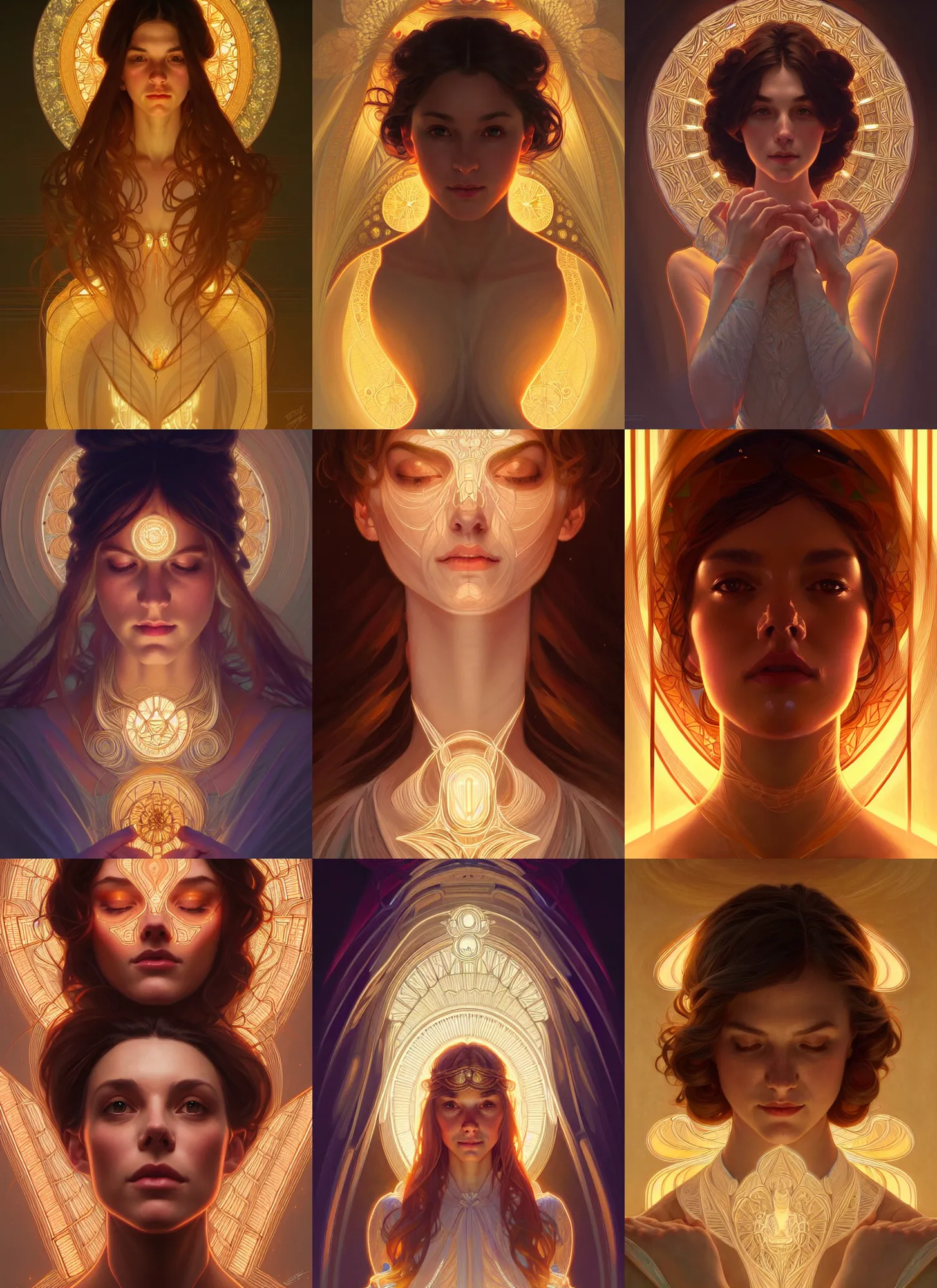 Image similar to symmetry!! portrait of a woman, cottagecore!!, glowing lights!! intricate, elegant, highly detailed, digital painting, artstation, concept art, smooth, sharp focus, illustration, art by artgerm and greg rutkowski and alphonse mucha