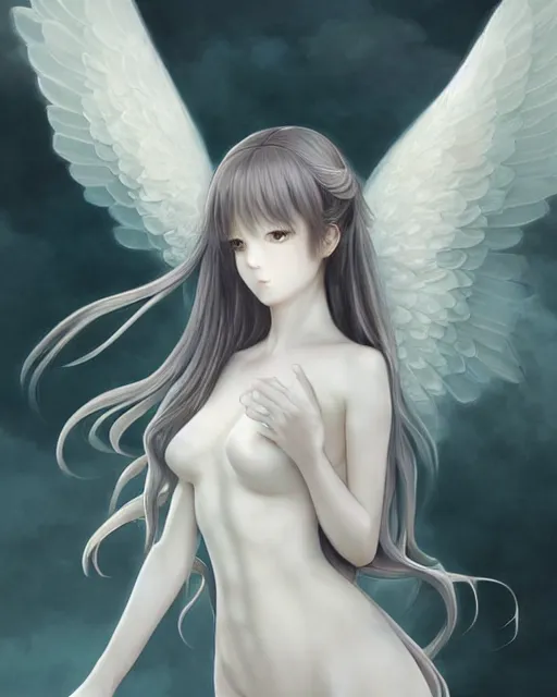 Image similar to range murata, an infinitely detailed portrait of a frail and pale female peace angel elegantly. fully - clothed full - body, beautiful! scenery art!! coherent! by wlop & murata range, victorian armor trim, cold color palette, artstation / pixiv!! elegantly armored angel portrait full - body, dreamy art