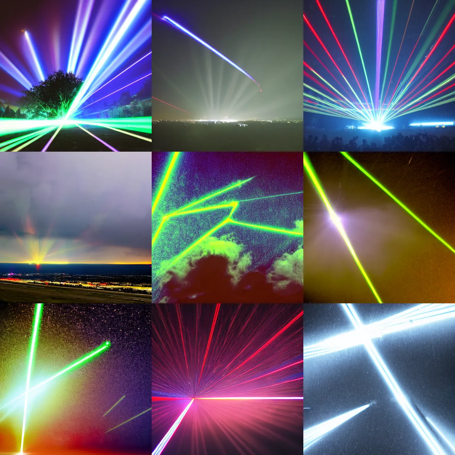 Prompt: bright lasers shooting through a dark cloud