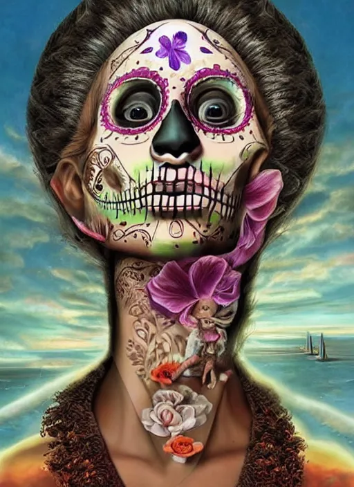 Image similar to dia de los muertos theme surrealist art in the styles of igor morski, jim warren, and loyiso mkize, intricate, hyperrealistic, accurate facial details, profile picture with chromakey!!!!! background, volumetric lighting