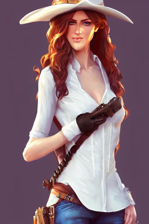 Image similar to full body, katherine mcnamara cowgirl, perfect face, white blouse, holster, 8 k, magic the gathering, desert, d & d, artstation, high detail, smooth, sweaty character concepts by senior concept artist