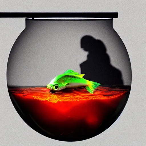 Image similar to beta fish in a fish bowl being held by a grim reaper hyper realistic, trending on artstation