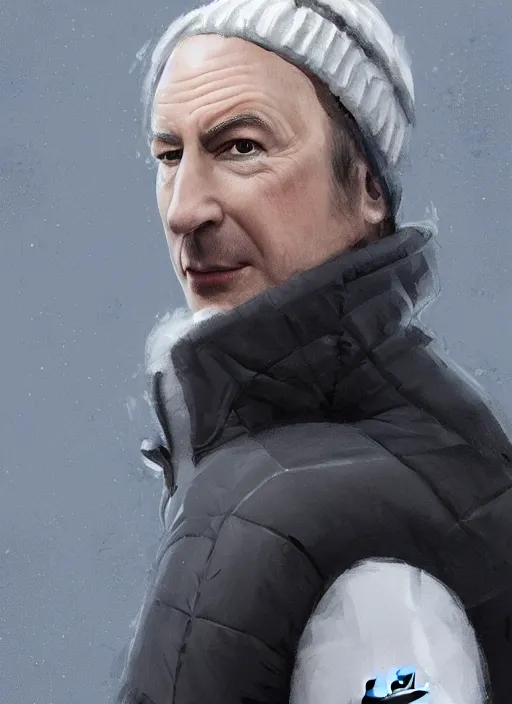 Prompt: bob odenkirk wearing a black supreme puffer jacket, a beanie and white nike shoes, elegant, digital painting, concept art, smooth, sharp focus, illustration, from starcraft by ruan jia and mandy jurgens and artgerm and william - adolphe bouguerea