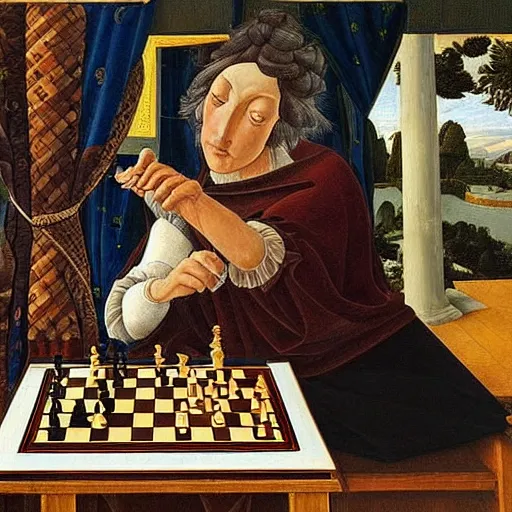 Prompt: highly detailed painting of levy rozman playing chess, sandro botticelli