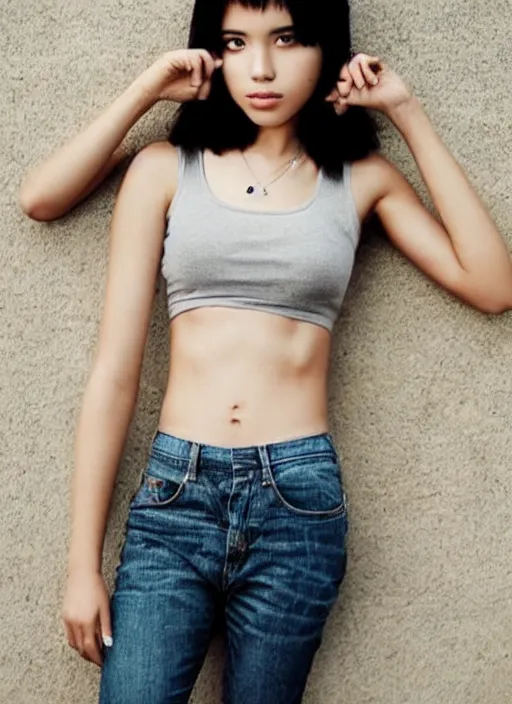 Image similar to beautiful slim tomboy with short black hair and asian eyes, perfection in eyes of males