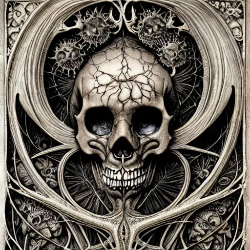 Image similar to memento mori by arthur rackham, art forms of nature by ernst haeckel, ultrasharp, photorealistic, hyperdetailed, octane render, polished, art nouveau, gothic, ornately antique porcelain beautiful skull mask dominant, intricate ornamental organic filigree, art nouveau botanicals, art forms of nature by ernst haeckel, horizontal symmetry, symbolist, visionary