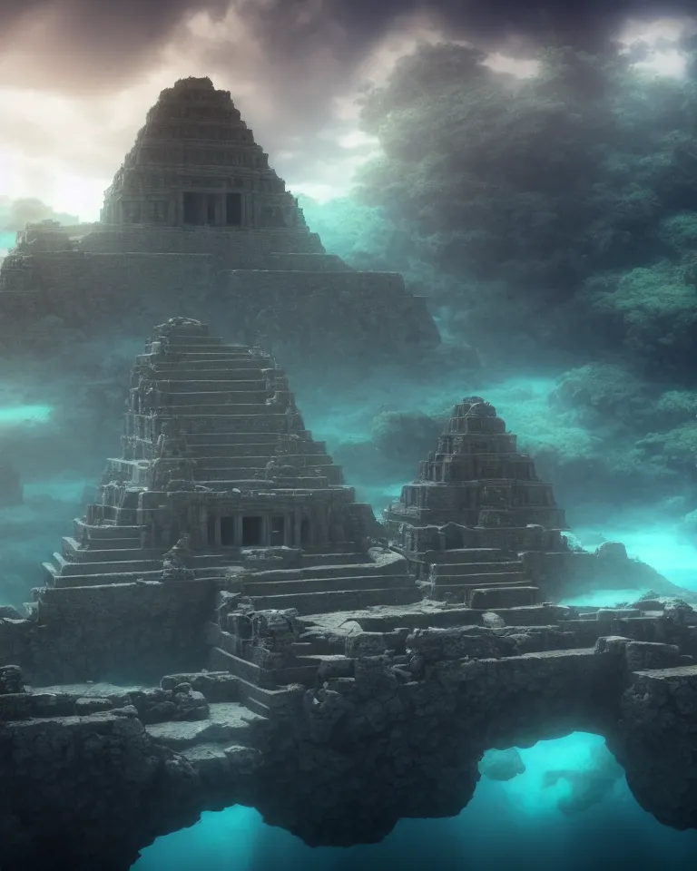 Prompt: ultrawide shot of submerged pre - incan temple, anime style mixed with fujifilm, dark, underwater, symmetrical, bubbles, abyss, dark, murky, foggy, atmospheric, crepuscular rays, artstation, cgsociety, octane render, cgi, unreal engine 5, denoise, detailed, cinematic masterpiece