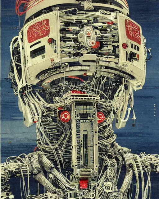 Prompt: Hiroshige portrait of a robot saint made of cables and robotic pod by John Berkey