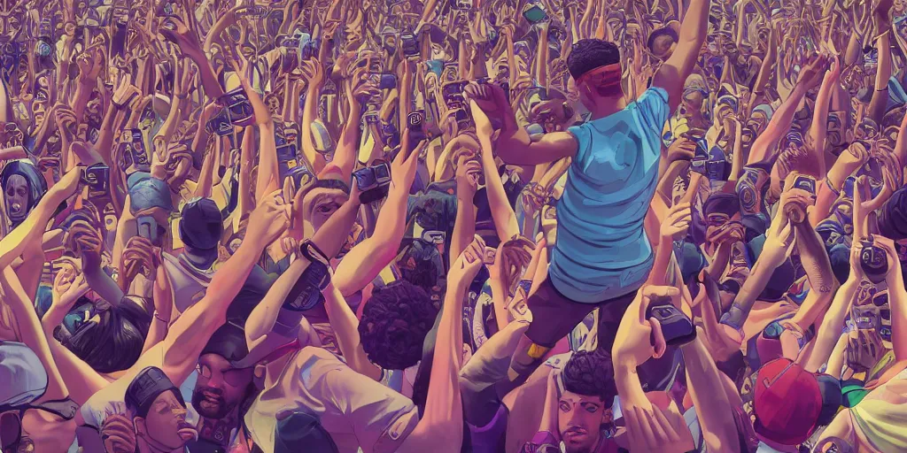 Image similar to rapper leaning over huge crowd reaching up to him, digital art, vapor wave, hip hop, trending on Artstation, professional artist, detailed, 4k