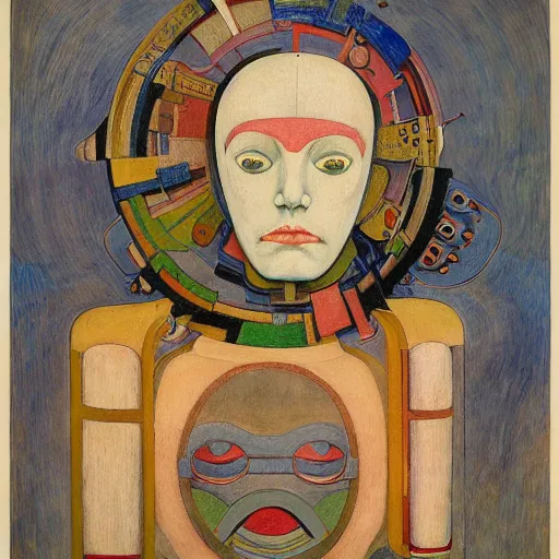 Image similar to the robot girl wearing her bird mask, by annie swynnerton and diego rivera and elihu vedder and lucien freud, symbolist, dramatic lighting, elaborate geometric ornament, head and shoulders view, art brut, soft cool colors, smooth, sharp focus, extremely detailed, adolf wolfli, leo and diane dillon, nicholas roerich