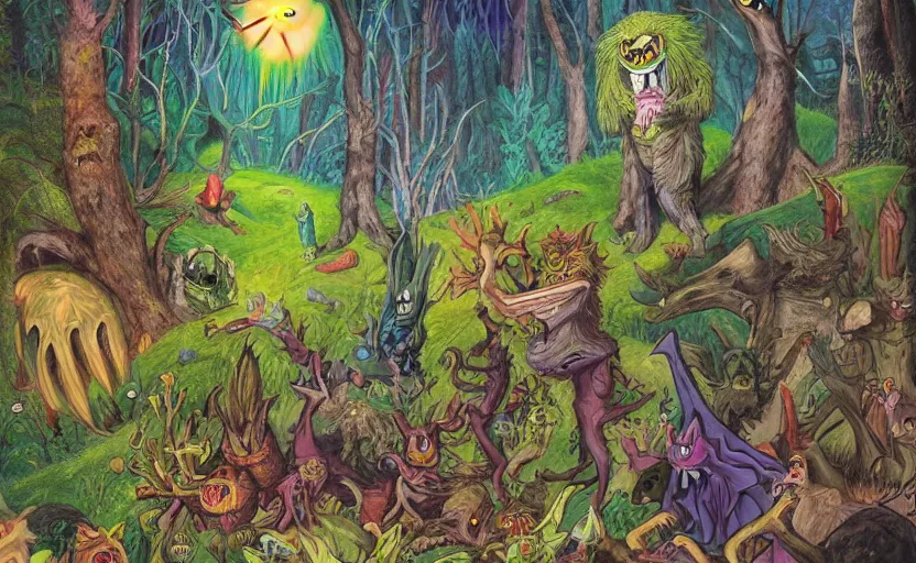 Image similar to a scene of colorful cartoon monsters in the clearing of a dark fantasy forest surrounded by darkness. hyperrealist illustration. muted colors. 1 9 7 0's pulp science fiction and fantasy cartoon for alice in wonderland and wizard of oz. highly detailed and richly colored painting by don ivan punchatz