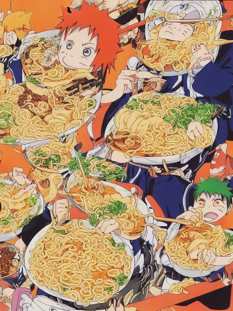 Prompt: a color manga comic page illustration of naruto eating progressively large bowls of ramen. his mood is one of delicious bliss and the sense of the image is excitement. the image is illustrated in high colorful detail by masashi kishimoto and is very very very detailed.