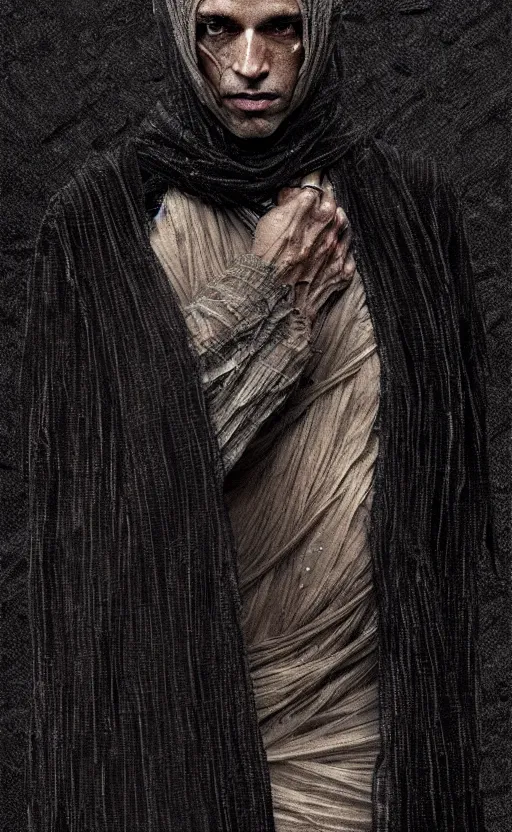 Image similar to Thin roguish man wearing a black cloak made of very thousands of thin strips of cloth that decay into mist, fantasy, highly detailed, digital painting, artstation, concept art, smooth, sharp focus, illustration, art by artgerm and greg rutkowski and alphonse mucha