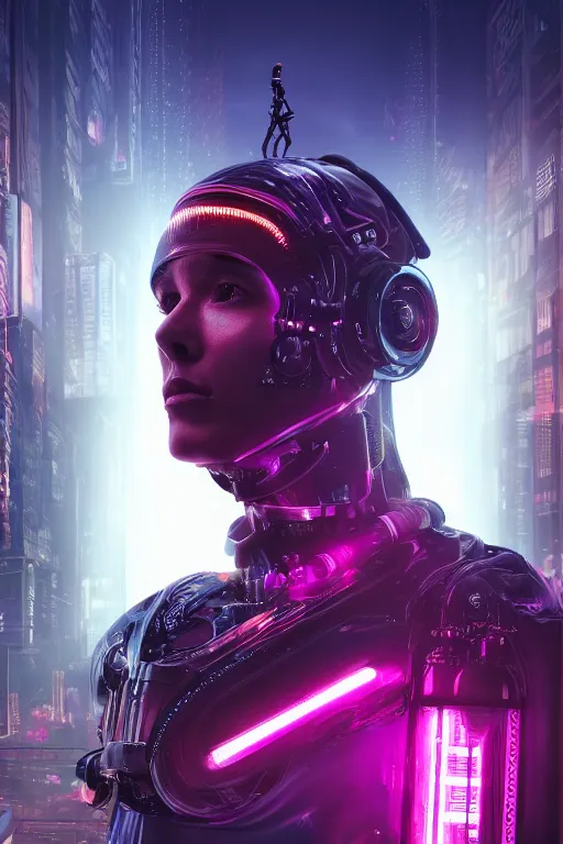 Prompt: hyperrealism portrait, digital art, wallpaper of a cyborg king in a cyberpunk city, diffused lighting, neon ambient lighting, by laura zalenga and aleksi briclot, 8 k dop dof hdr, vibrant