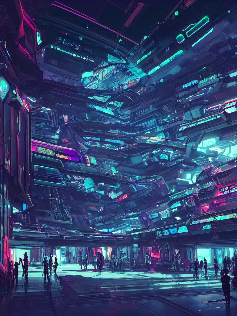 Image similar to the interior of a celestial spaceship cyberpunk hangar in a bioluminescent walls decorated beautifully, lots of cyberpunk design elements like humanoids and mecha robots, warm sunlight shining in, lots of cables and neon signs, concept art 8 k resolution, fantasy illustration, sharp focus, detailed painting, deep color, volumetric lighting, crepuscular rays