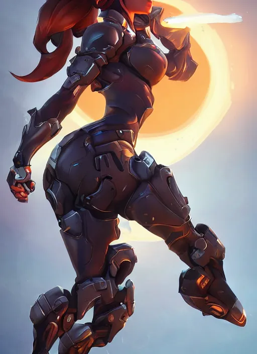 Image similar to poster!! beautiful new female character for overwatch, character concept art, action pose, illustration, full body armor, steel plating, huge weapon, super powers, athletic, long red hair, symmetry, intricate design, shiny, highly detailed, hd, dramatic lighting, art by artgerm and greg rutkowski