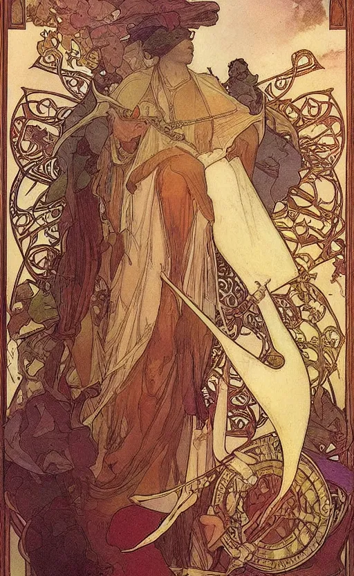 Image similar to the chariot, tarot, beautiful border, by alfons maria mucha, highly detailded
