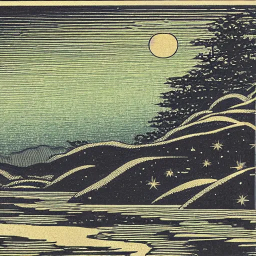 Image similar to river creek flows into the starry night sky, trippy, shin - hanga woodblock print by hasui kawas ( 1 9 3 6 )