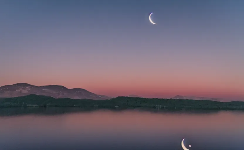 Image similar to a banana shaped crescent moon rising over a lake, stunning photography