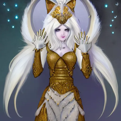 Image similar to commissioned full body portrait of a female anthro furry wolf headed princess fursona with white hair wearing a white and gold armored dress in a white and gold palace, by Wlop and jerry park, artstation, extremely detailed