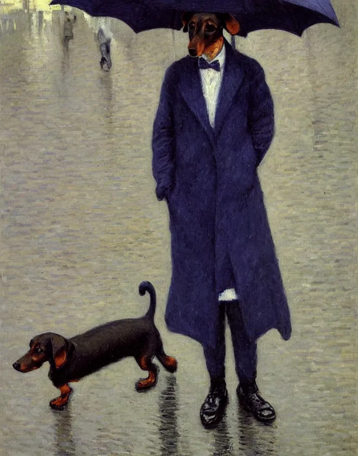 Prompt: Dachshund in rainy weather in Paris, oil painting by Gustave Caillebotte