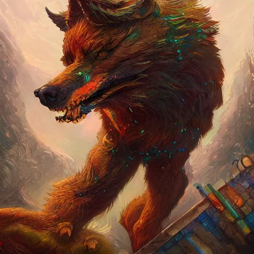 Image similar to fenrir colorful, fantasy, intricate, highly detailed, digital painting, hq, trending on artstation, illustration, style of stanley artgerm and greg rutkowski and dan mumford