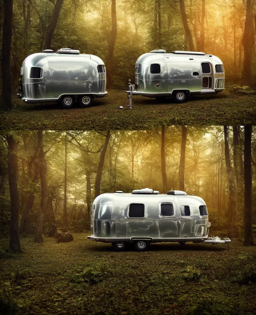 Image similar to image of a sylish vintage airstream camper in magical forest, photorealistic, digital painting, artstation, intricate artwork by Tooth Wu and wlop and beeple. octane render, trending on artstation, greg rutkowski very coherent symmetrical artwork. cinematic, hyper realism, high detail, octane render, 8k