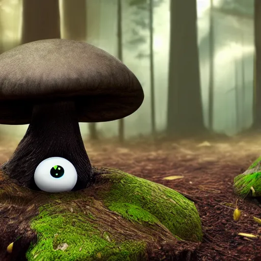 Image similar to photorealistic mushroom creature with big black shiny eyes, lurking in the forest, 8k, digital art, trending on art station