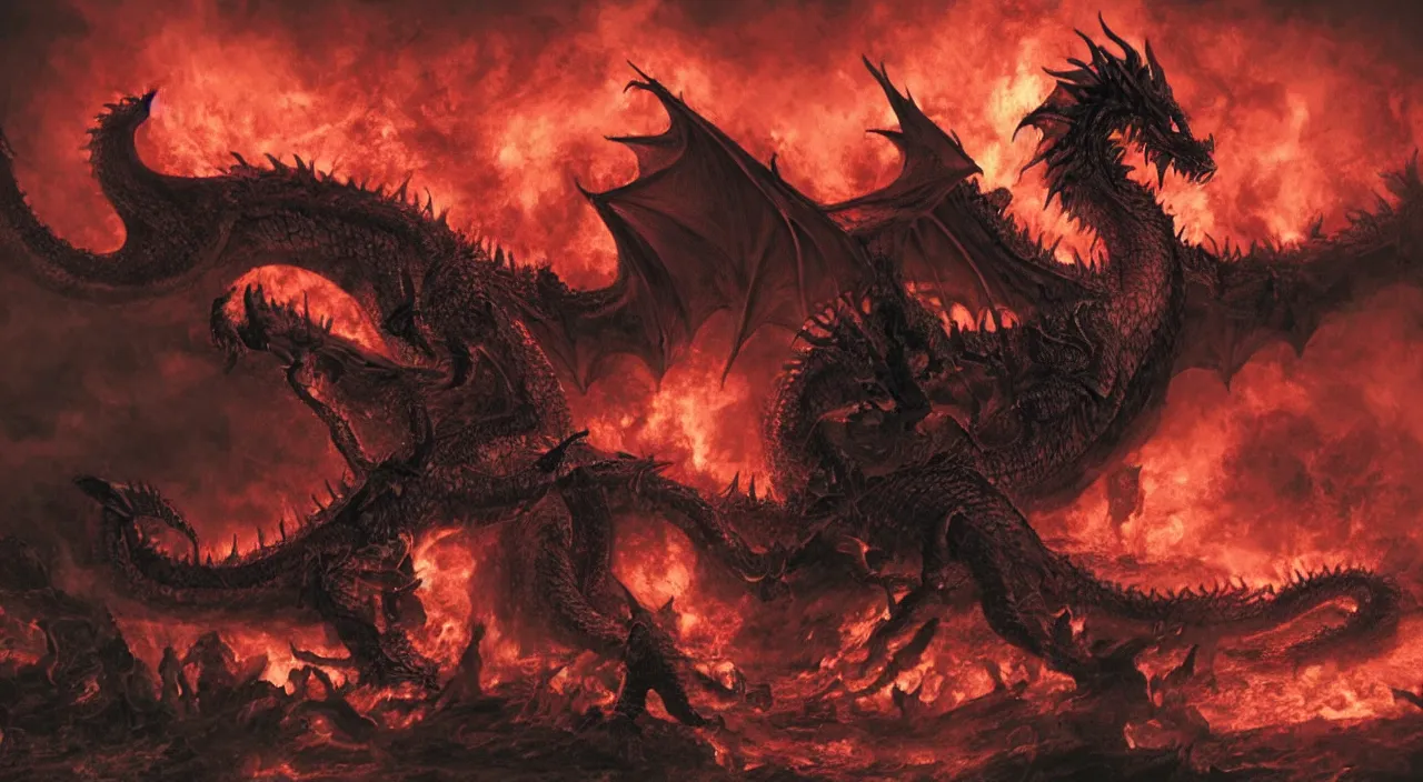 Prompt: from the depths of hell was he summoned, the great dragon beast rose from the fires with gleaming red eyes