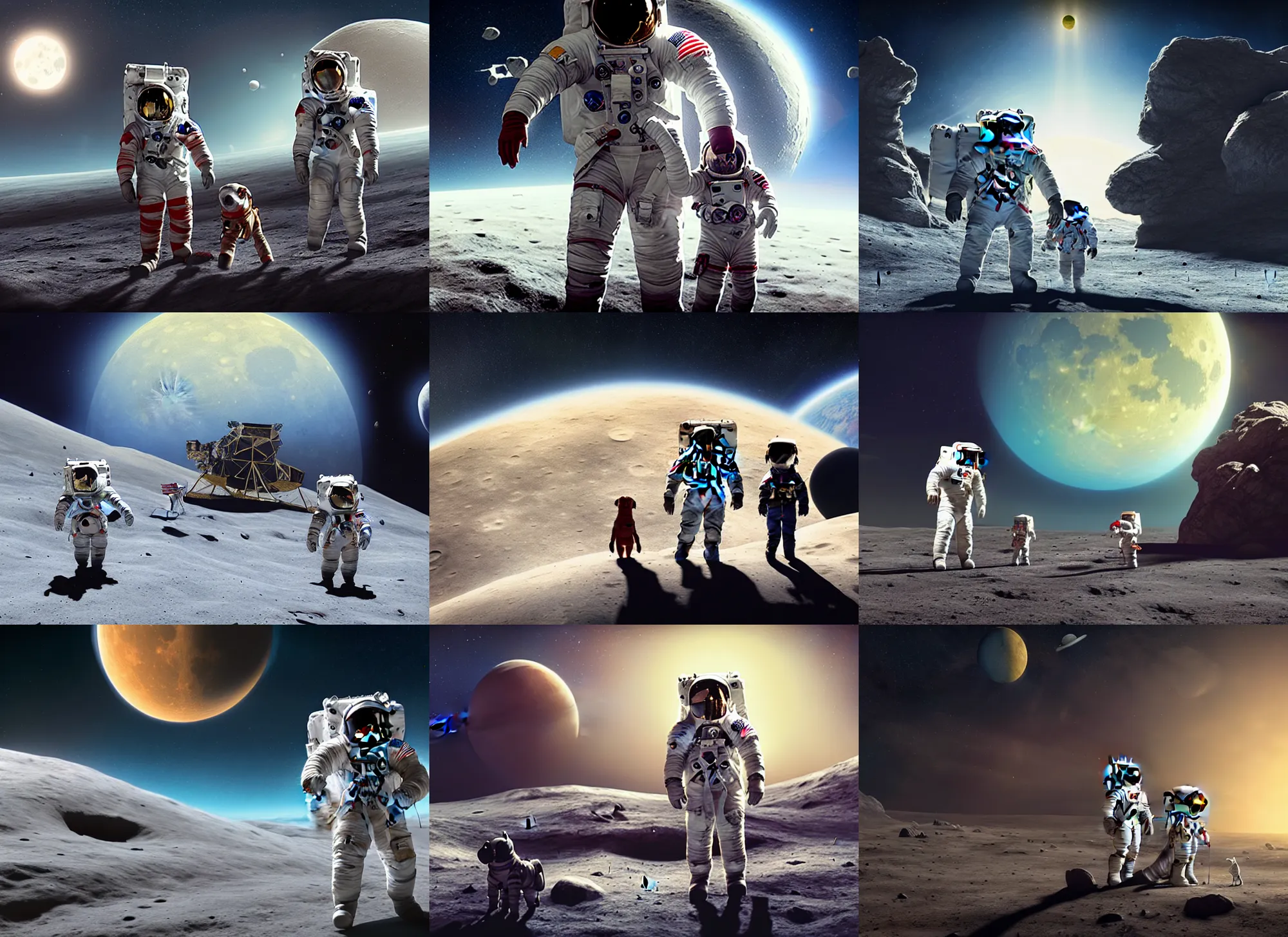 Prompt: one astronaut with his daughter and their astronaut dog on the moon, beautiful dynamic lighting, cinematic, wide angle establishing shot, extremely high detail, photo realistic, cinematic lighting, post processed, concept art, artstation, matte painting, style by frederic church, raphael lacoste, unreal engine 8 k