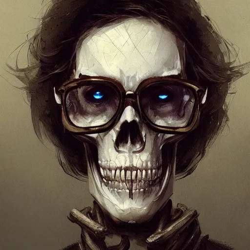 Prompt: Portrait of a skeleton wearing glasses by greg rutkowski