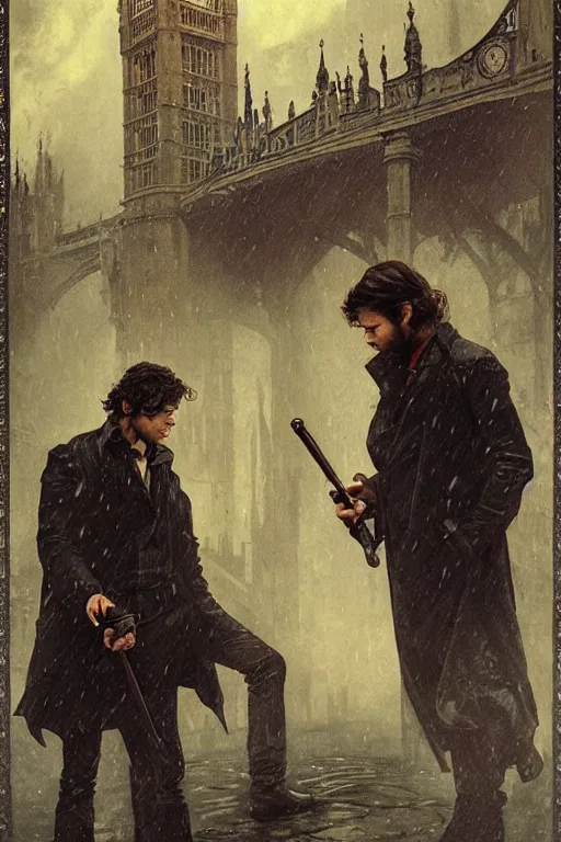 Image similar to a detailed tarot card of jensen ackles and jared padalecki in a supernatural sherlock holmes story, 1 8 th century london in the rain, city streets, ominous, masterpiece, 8 k, art by alphonse mucha and greg rutkowski