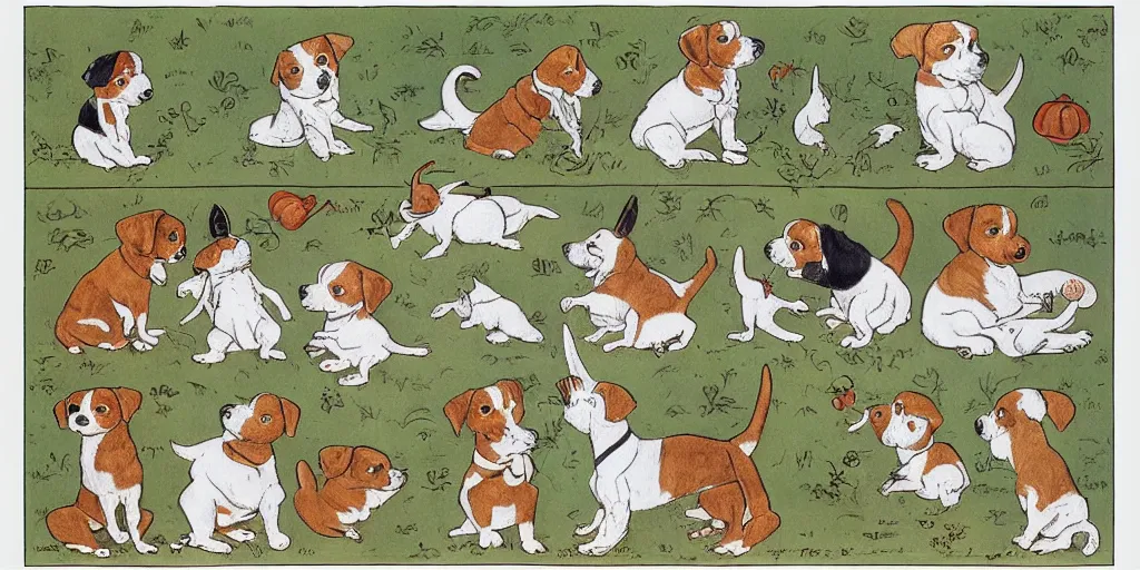 Image similar to jack russel dog, sprite sheet illustrated by peggy fortnum and beatrix potter and sir john tenniel