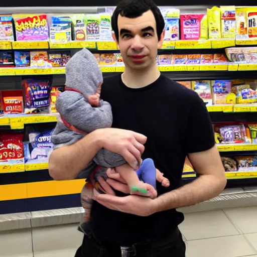 Prompt: Nathan fielder holding a baby in a 7 eleven,