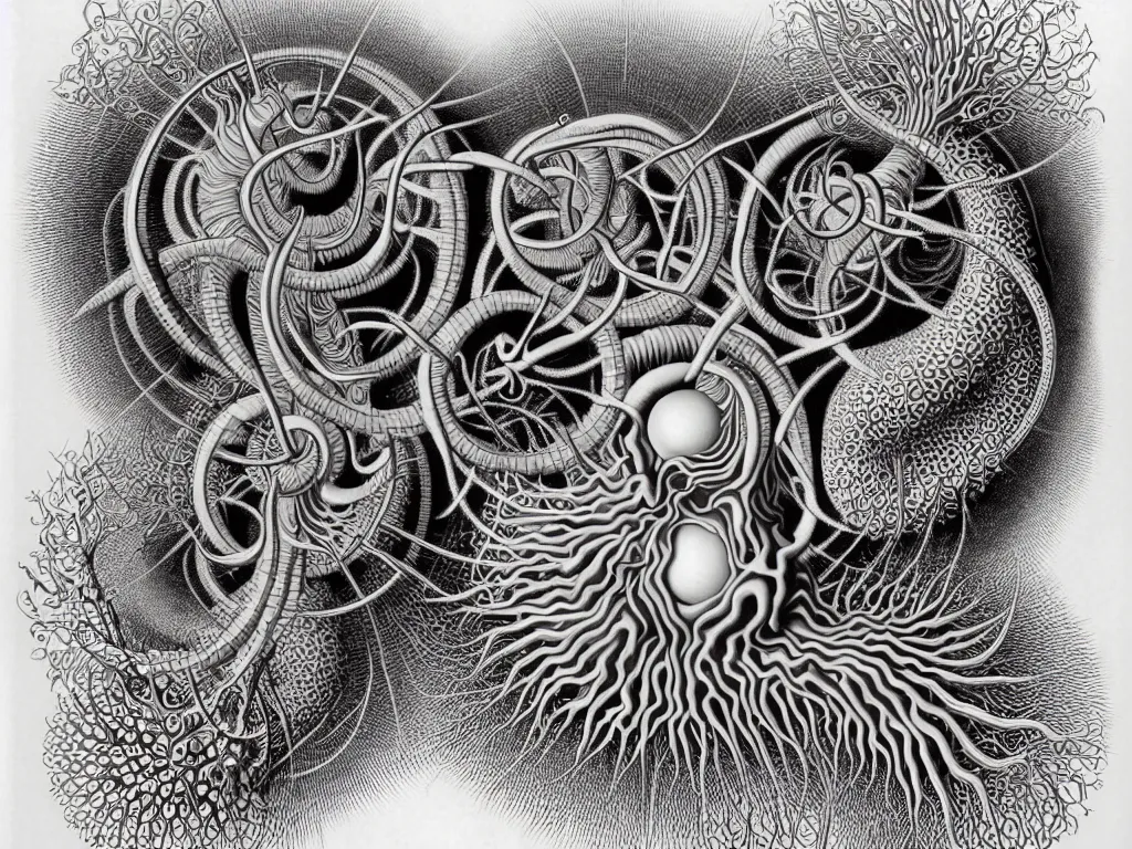 Image similar to neo surrealism, art by ernst haeckel and daniel martin diaz and mc escher