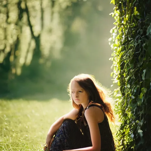 Prompt: , a girl covered in vines sitting on a rock 5 0 mm lens, f 1. 4, sharp focus, ethereal, emotionally evoking, head in focus, volumetric lighting, blur dreamy outdoor,