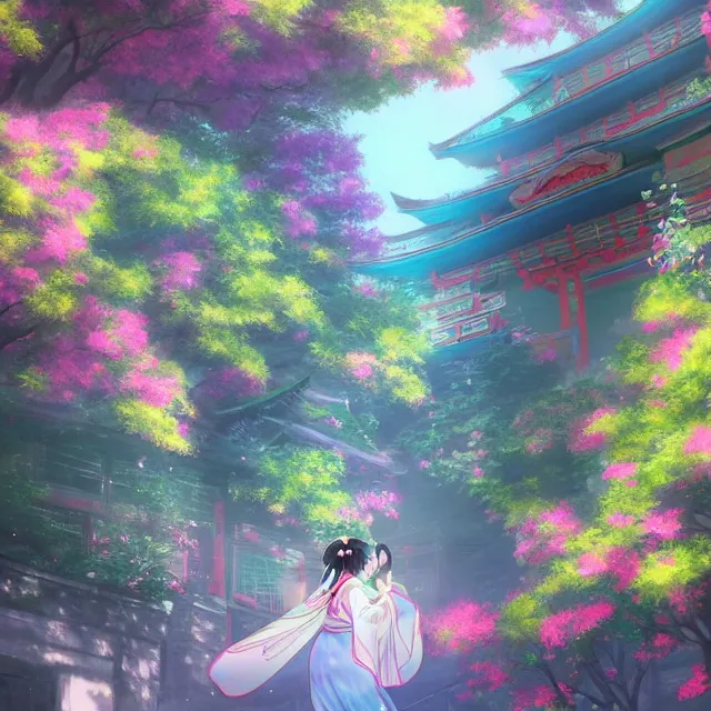 Image similar to detailed 風 景 + luminescent 背 景 + scenery artwork 厚 塗 り, artstation!! pixiv!! coloful geisha in foreground!!