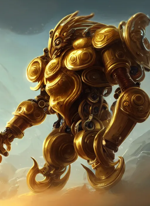 Prompt: a highly detailed illustration of gentle colossal golden mechanical giant, with cute doting eyes, intricate, elegant, highly detailed, centered, digital painting, artstation, concept art, smooth, sharp focus, league of legends concept art, wlop.