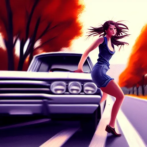 Image similar to pretty women dodging a moving car, photorealistic, in the style of greg rutkowski, detailed face, full body