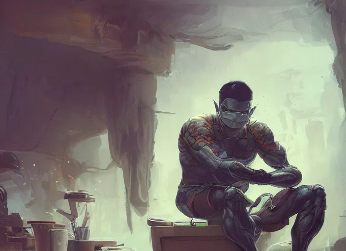 Image similar to an insanely detailed painting of an asian man wearing a homemade superhero costume, sitting at a desk, staring seriously at the computer and typing, in the style of peter mohrbacher, james jean, ruan jia, dramatic lighting and composition, surreal background, octane render, pixar, trending on artstation, concept art, comic book, view from behind, 8 k