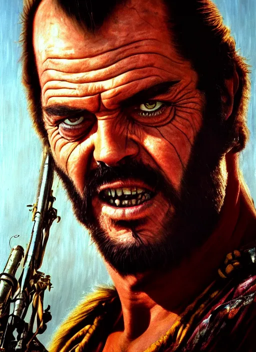 Prompt: portrait of young 1 9 7 0 s jack nicholson as warlord villain character in mad max 2 : the road warrior, film still, detailed realism face in painting, detailed beautiful portrait, oil painting masterpiece, 8 k resolution, smooth, sharp focus, trending on artstation, by rembrandt