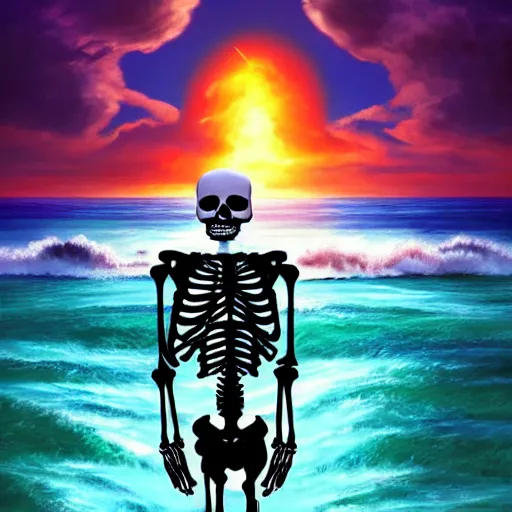 Prompt: Beautiful digital painting portrait of relaxed skeleton walking on the tropical beach with nuclear bomb explosion on the ocean in the background, high quality, trending on Artstation, highly detailed big nuclear explosion in the background, realistic, tropical color scheme, anatomically correct skeleton, high coherence, beautiful aesthetic lighting