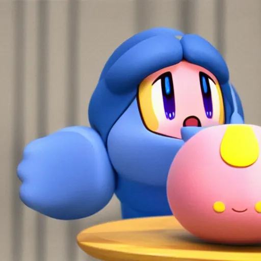 Prompt: Kirby from nintendo working at a call center