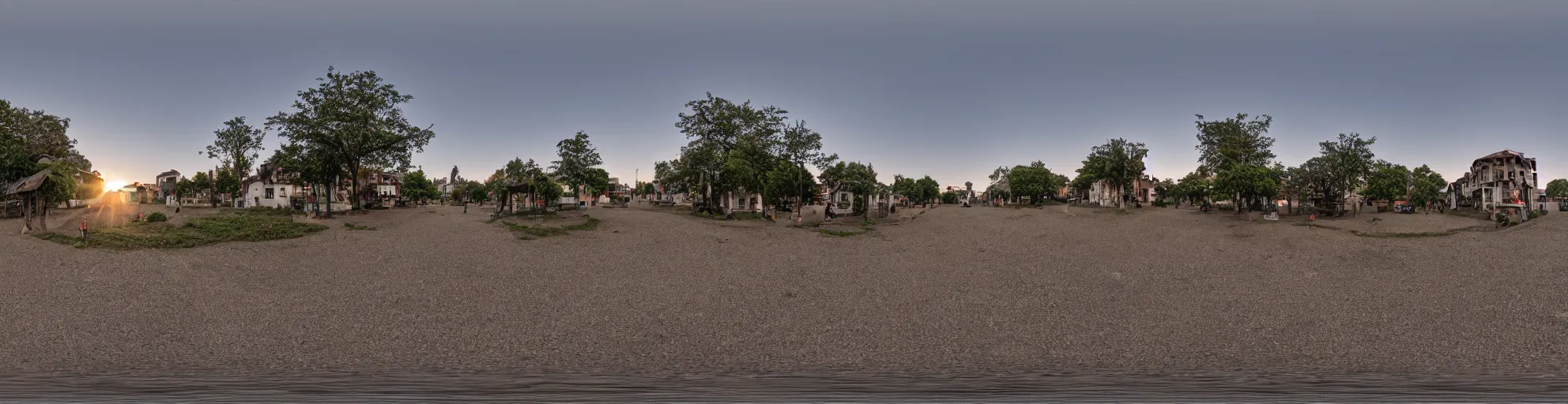 Image similar to spherical panorama photo of a anicient village street dawn 5 0 mm