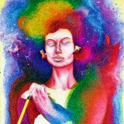 Prompt: rainbow cosmic woman with a cigarette