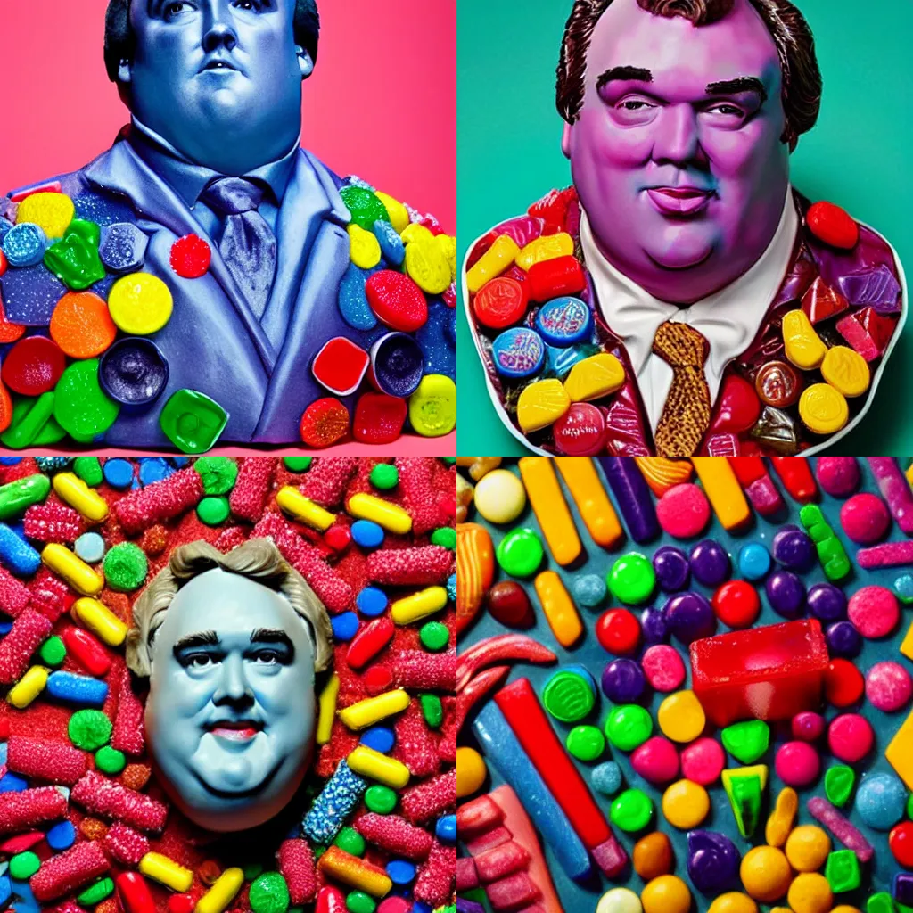 Prompt: bust of john candy made of delicious colorful candies. highly detailed, food photography