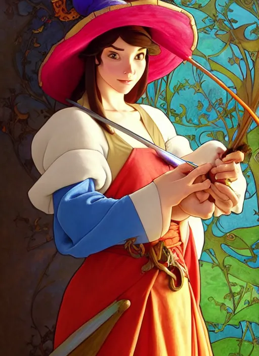 Prompt: regal medieval artist wearing colourful hat, holding a paint palette, natural lighting, path traced, highly detailed, high quality, digital painting, by don bluth and ross tran and studio ghibli and alphonse mucha, artgerm