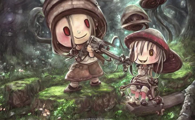 Image similar to cute little girl with an long hair wearing an mushroom hat and holding an cute cannon in the dark forest next to a sinister monster, cute artwork, clean detailed art, inspired made in abyss, detailed background, fantastic world, spectacular quality, trending on pixiv